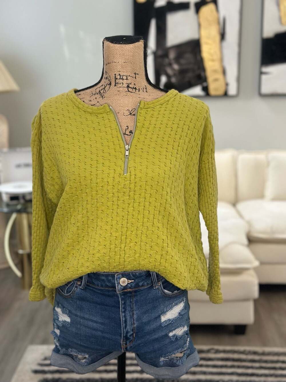 Live Wire Olive Green Textured Waffle Knit Half-Zip Pullover Sweater